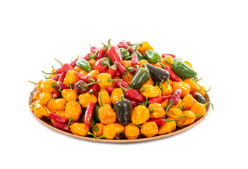Bunch of Colorful Hot Peppers on a Tray Isolated on White