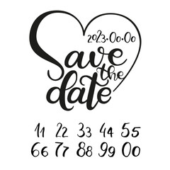 Wedding save the date. Editable vector design for the reminder of an important celebration with letters surrounded by a heart and numbers to customize the date of a party with family and friends.