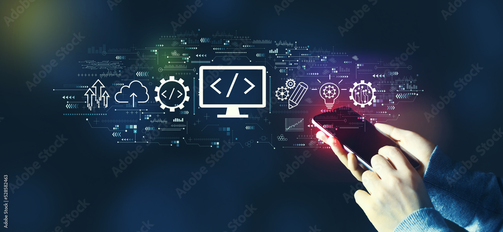 Wall mural web development concept with person using a smartphone