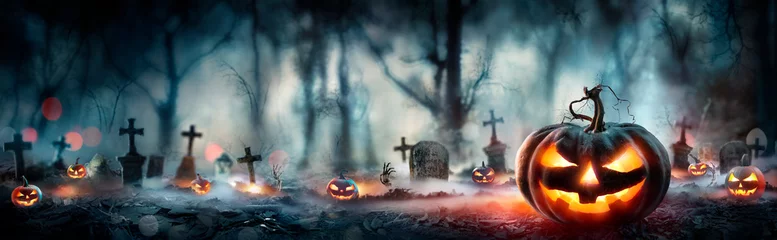 Foto op Plexiglas Halloween - Pumpkins In Spooky Forest With Tombs At Night -  Abstract Defocused Background © Romolo Tavani