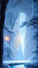 Fantasy winter landscape, frozen river, trees in the snow. Beautiful winter background. Magic fairy tale neon landscape, winter forest, portal, magic. 3Dillustration.