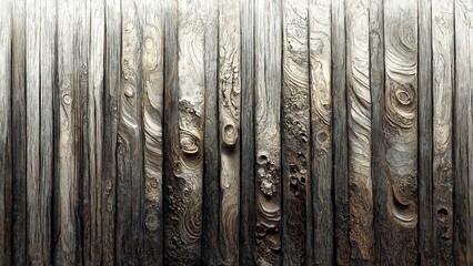 Silver grey and brown knotted wood, abstract vertical wooden background texture, top light, generative AI illustration