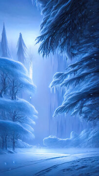 Fantasy winter landscape, frozen river, trees in the snow. Beautiful winter background. Magic fairy tale neon landscape, winter forest, portal, magic. 3Dillustration.