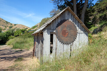 Old sawmill at Scorpion Ranch on Santa Cruz Island in the Channel Islands National Park off the shore of Santa Barbara California in the United States - obrazy, fototapety, plakaty