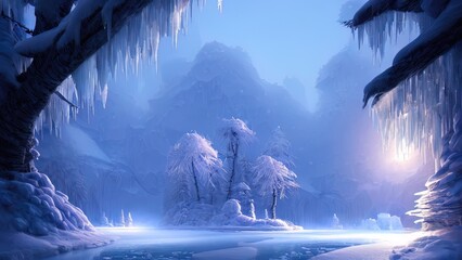 Fantasy winter landscape, frozen river, trees in the snow. Beautiful winter background. Magic fairy tale neon landscape, winter forest, portal, magic. 3Dillustration. - obrazy, fototapety, plakaty