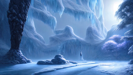 Fantasy winter landscape, frozen river, trees in the snow. Beautiful winter background. Magic fairy tale neon landscape, winter forest, portal, magic. 3Dillustration.