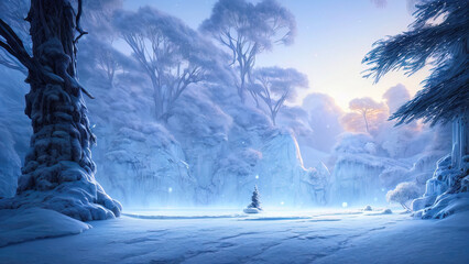 Fantasy winter landscape, frozen river, trees in the snow. Beautiful winter background. Magic fairy tale neon landscape, winter forest, portal, magic. 3Dillustration.