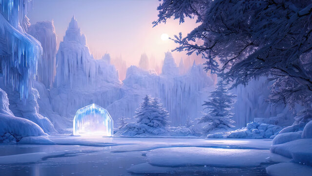 Fantasy winter landscape, frozen river, trees in the snow. Beautiful winter background. Magic fairy tale neon landscape, winter forest, portal, magic. 3Dillustration.