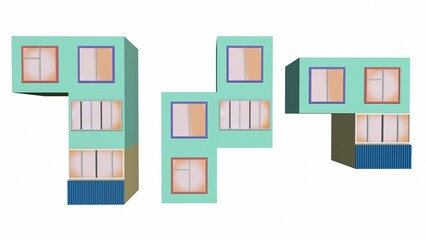 tetris from blocks of houses and windows isolated on white background 3d-rendering