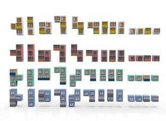 tetris from blocks of houses and windows isolated on white background 3d-rendering