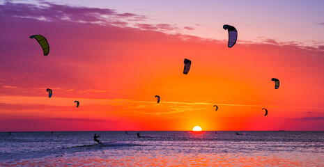 Kite-surfing against a beautiful sunset. Many silhouettes of kites in the sky. Holidays on nature. Artistic picture. Beauty world.