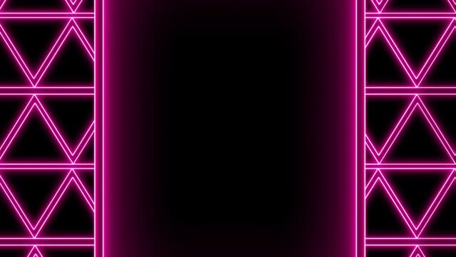 4k Neon Glowing Triangles Texture Frame on Black Empty Template. Triangle Shape Mosaic Cyber Surface. Futuristic pattern with neon light animation. Clean and minimal geometric pattern. Seamless loop.