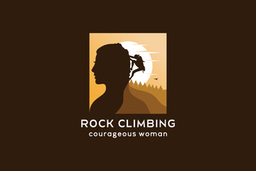 Woman rock climbing vector symbol logo design with nature