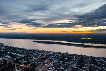 Riverscape City view of the Mekong River in Nakhon Phanom Province at sunrise.