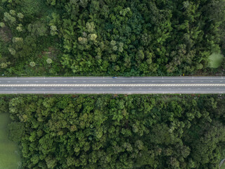 Aerial view from drone of straight two lane road with both sides is lush green woodland.