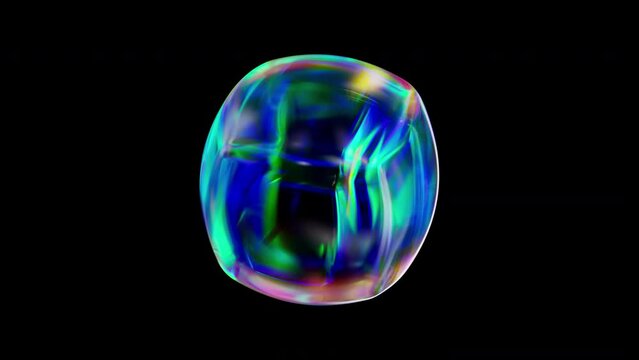 Rotating dispersion iridescent cube morphing into a sphere. Seamless loop. 