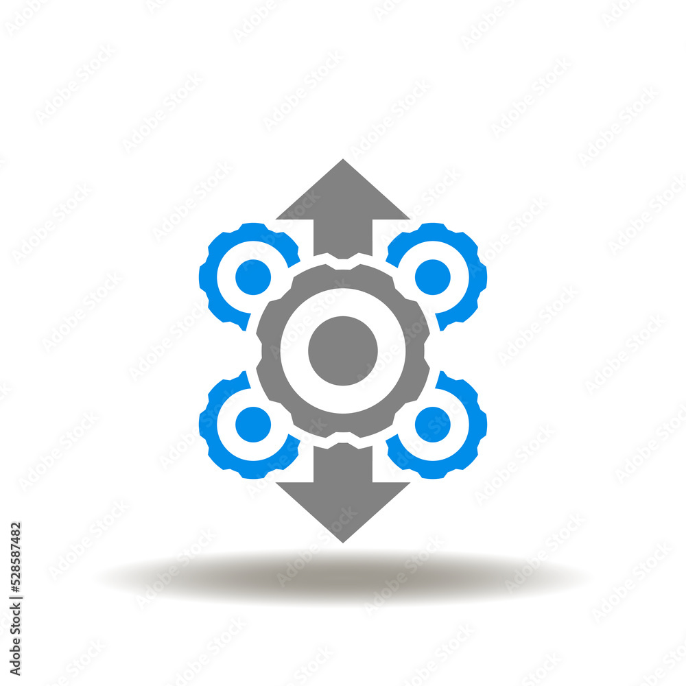 Poster vector illustration of gear mechanism with arrows up and down. icon of integration technology system