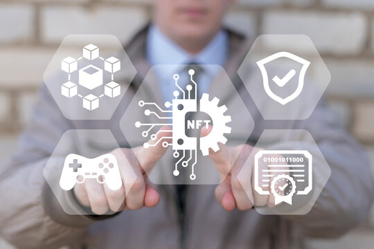 Concept of NFT token in crypto artwork. Non-fungible token with aspects of intellectual property. NFT token in blockchain technology in digital crypto art.