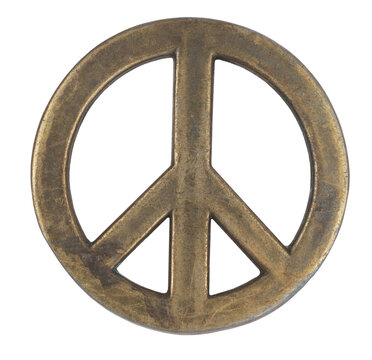 Metal peace symbol isolated on white background. Vintage old medallion sign of peace concept