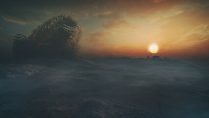 strange science fiction fantasy desert environment with ruins, dust, dirt and soft focus background