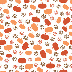 Paw prints and pumpkins. Happy Halloween background, greeting card, fabric design seamless pattern - 528587816