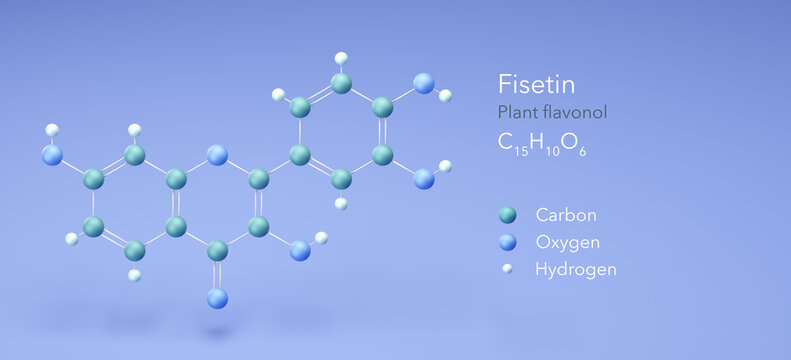 fisetin, plant flavonol, molecular structures, 3d model, Structural Chemical Formula and Atoms with Color Coding