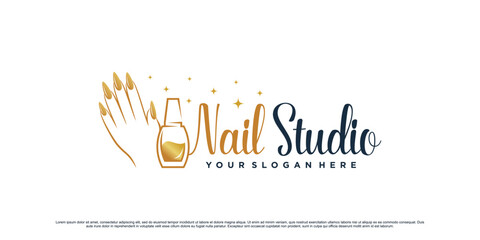 Nail polish studio logo design for beauty salon with woman hand and bottle icon Premium Vector