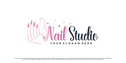 Nail polish studio logo design for beauty salon with woman hand and bottle icon Premium Vector