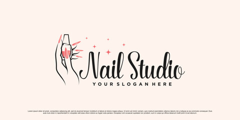 Nail polish studio logo design for beauty salon with woman hand and bottle icon Premium Vector