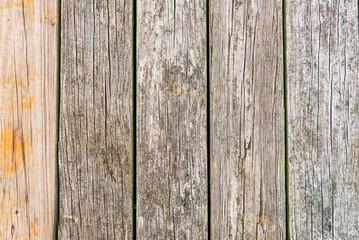 background from light old wooden boards with nails. The impact of the atmosphere and precipitation.