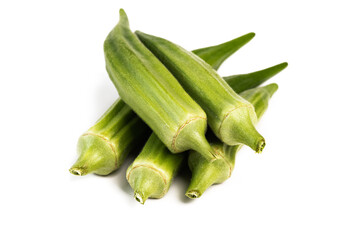 Green fresh okra isolated on white background.