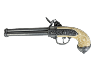A replica 17th century triple barrel flintlock pistol on a plain background