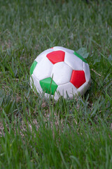 Used soccer ball on the grass.