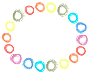 Oval rainbow frame of circles hand drawn with colored pencils on white background