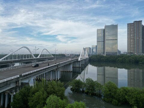 Beautiful modern bridge in Pantai Indah Kapuk, Jakarta, on a cloudy day