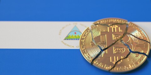 Broken bitcoin on the flag of Nicaragua. Legal issues and cryptocurrency regulations problems concepts, 3d rendering