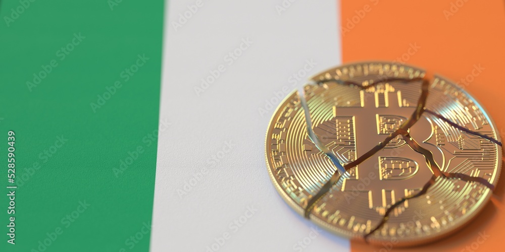 Poster broken bitcoin on the flag of ireland. legal issues and cryptocurrency regulations problems concepts
