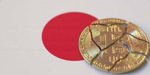 Flag of Japan and broken bitcoin. Cryptocurrency ban or crypto legal issues concepts, 3d rendering