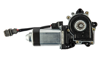 Motor, Door Window. Electric window mechanism motor for a car on a white isolated background. Automotive spare parts catalog.