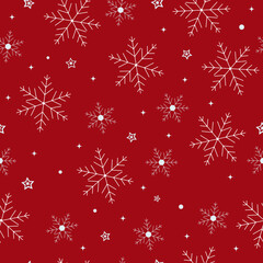 Snowflakes seamless pattern. Christmas red background. Snowfall repeat backdrop. Winter snow flake falling flat design. Snowy simple chaotic texture. Blizzard sky template. Vector illustration