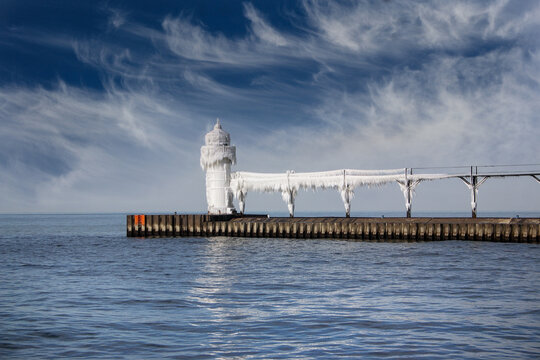 Frozen North Light On The Pier In St Joseph Michigan On An Early Winter Day