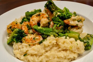 Fresh, Homemade Risotto served with Shrimp and Broccoli
