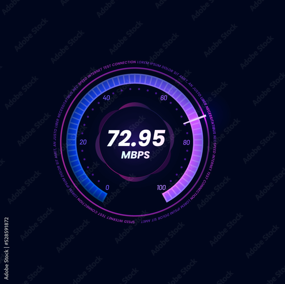 Poster Internet speed meter futuristic dial, WI-FI signal strength neon indicator. Internet download or upload Mbps speed test, network bandwidth level digital vector display with violet gauge and arrow