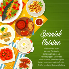 Spanish cuisine menu cover design template. Fried cod fish, mackerel Escabeche and Tortilla, roasted peppers, stuffed eggplants Berenjena Rellena and cheese spread Almogrote, garlic soup Sopa de Ajo