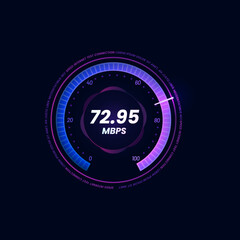 Internet speed meter futuristic dial, WI-FI signal strength neon indicator. Internet download or upload Mbps speed test, network bandwidth level digital vector display with violet gauge and arrow - obrazy, fototapety, plakaty
