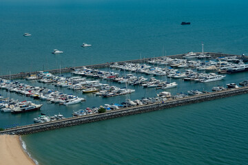 top view of yacht mooring with sea background