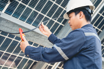 The solar farm(solar panel) with engineers check the operation of the system, Alternative energy to conserve the world's energy, Photovoltaic module idea for clean energy production