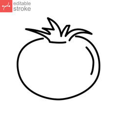 Tomato icon, vegetable. juicy vegetable with leaf. Organic Bright red cherry tomato. Fresh vegetarian food. Outline style. Editable stroke. vector illustration design on white background. EPS 10