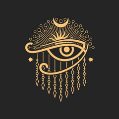 Wedjat, Eye of Horus, ancient Egyptian symbol of protection, royal power and good health. Eye of Ra, vector occult and esoteric magic symbol - obrazy, fototapety, plakaty