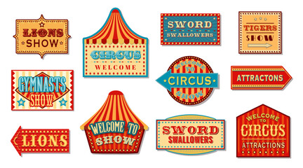 Circus signs and carnival signboards to show tickets booth, vector arrows. Funfair carnival direction banners and shapito fun fair attractions pointer signage or signboards with marquee and stars - obrazy, fototapety, plakaty